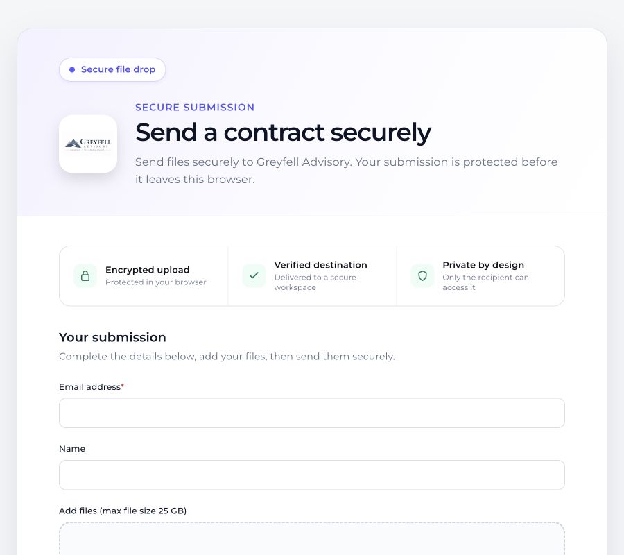 Greyfell Advisory secure File Drop page