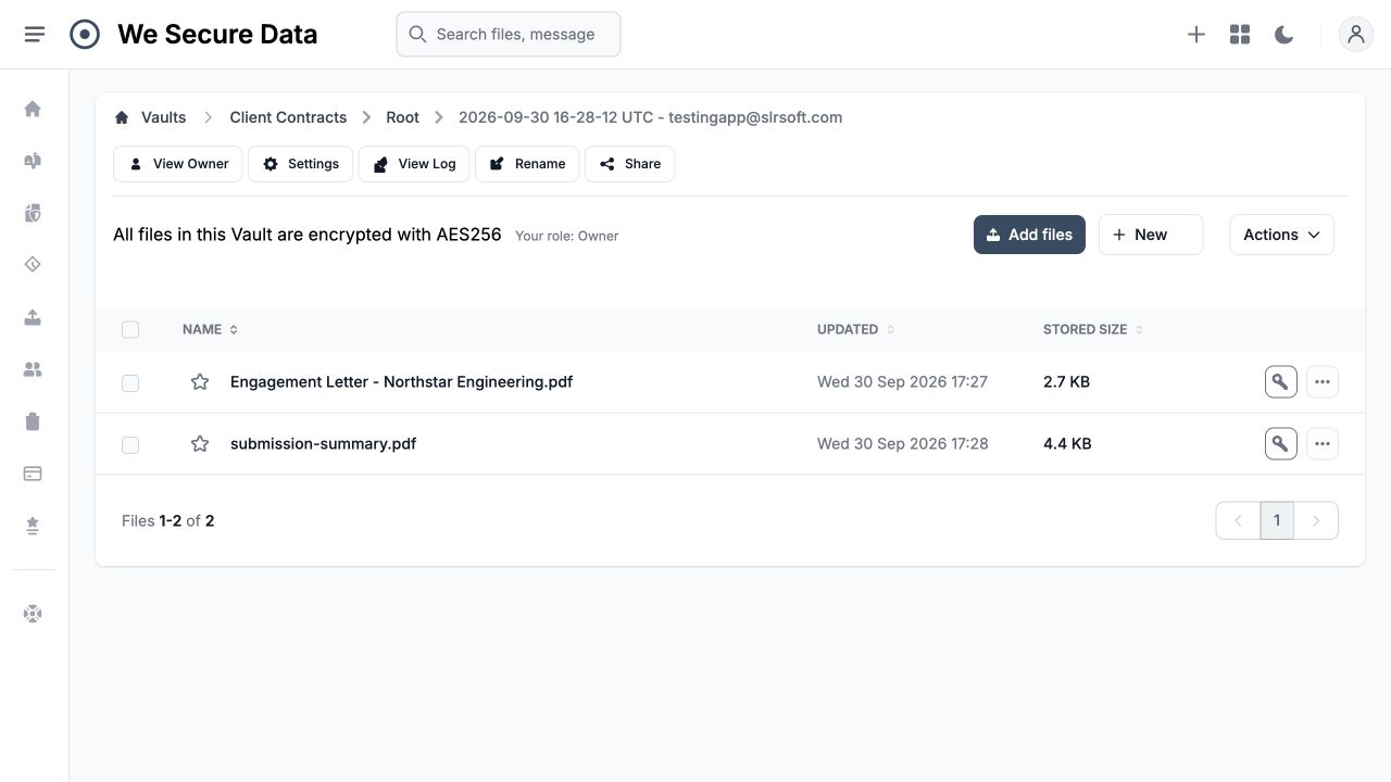 Client Contracts Vault showing the incoming engagement letter
