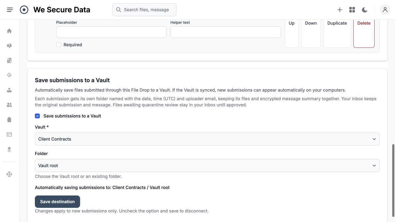 File Drop settings with Client Contracts selected as the Vault destination