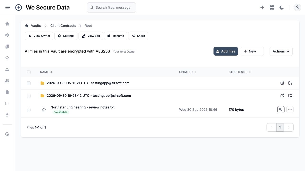 Client Contracts Vault showing a review note synchronised from a computer