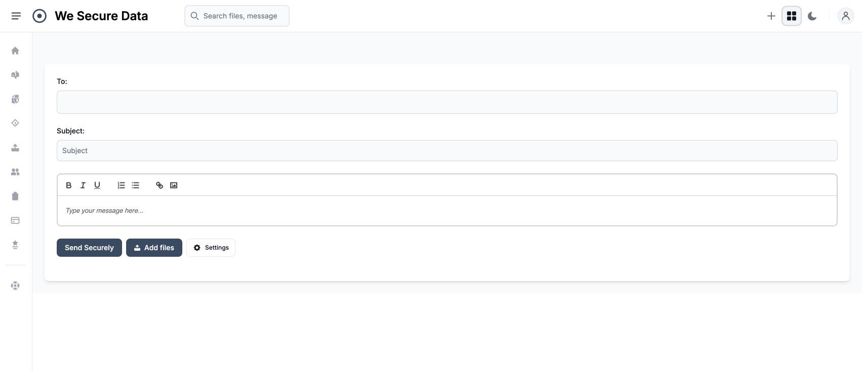 WSD message composer with To, Subject and message fields, plus Send Securely, Add files and Settings buttons